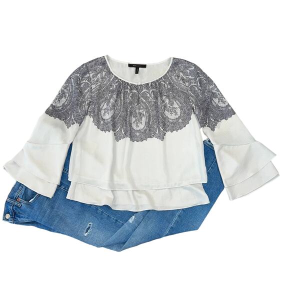 BCBGMaxAzria Grey W/Lace Print Bell Sleeve Tiered BohoTop - SIZE MEDIUM - Picture 1 of 15
